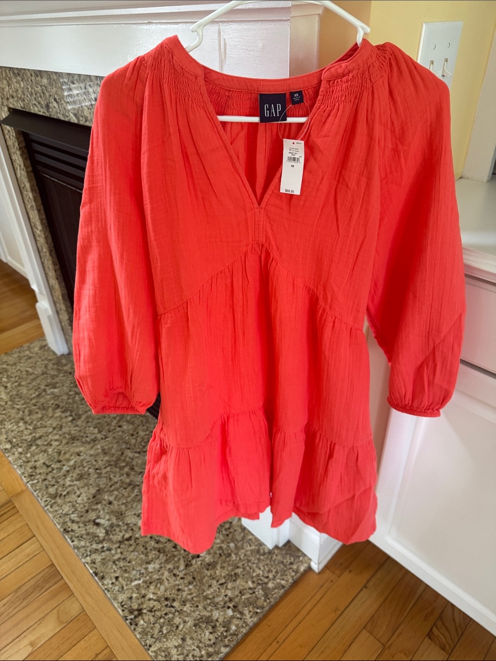 GAP Coral Red V-Neck Tiered Long Sleeve Tunic